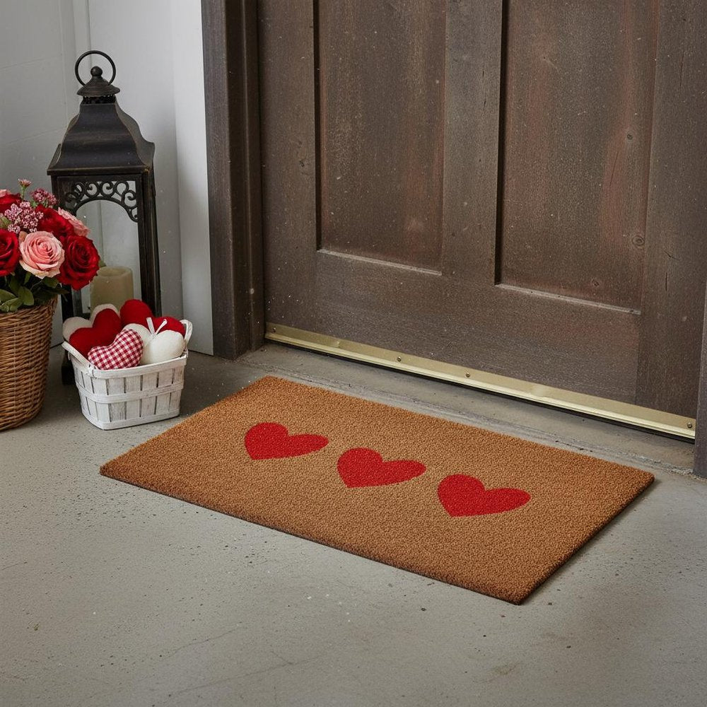 12" X 24" Brown And Red Three Hearts Outdoor Coir Door Mat HomeRoots