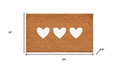 12" X 24" Brown And White Three Hearts Outdoor Coir Door Mat HomeRoots
