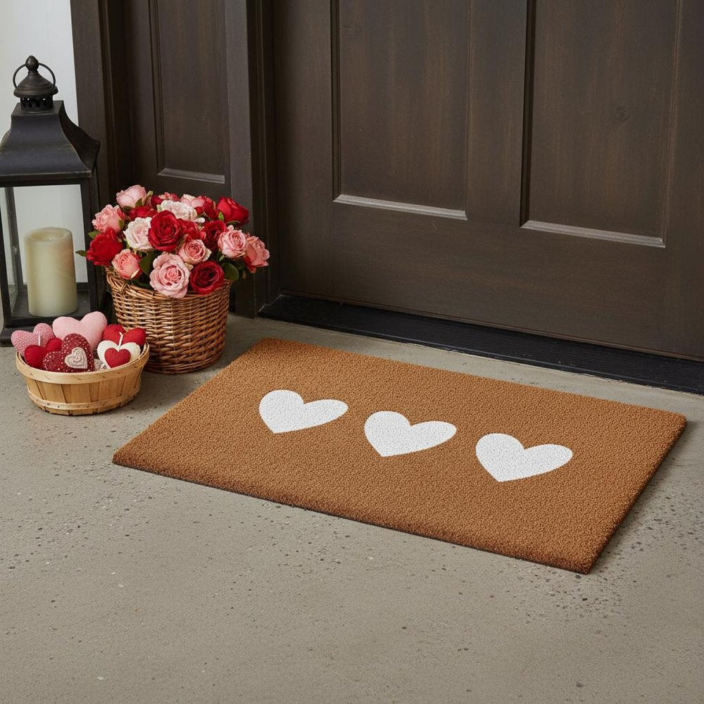 12" X 24" Brown And White Three Hearts Outdoor Coir Door Mat HomeRoots