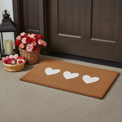 12" X 24" Brown And White Three Hearts Outdoor Coir Door Mat HomeRoots