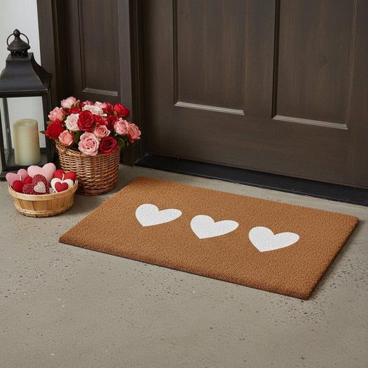12" X 24" Brown And White Three Hearts Outdoor Coir Door Mat HomeRoots