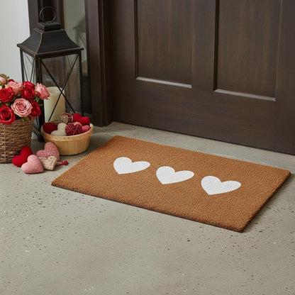 12" X 24" Brown And White Three Hearts Outdoor Coir Door Mat HomeRoots
