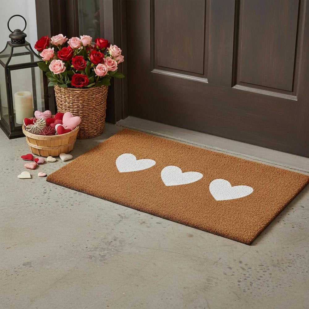 12" X 24" Brown And White Three Hearts Outdoor Coir Door Mat HomeRoots