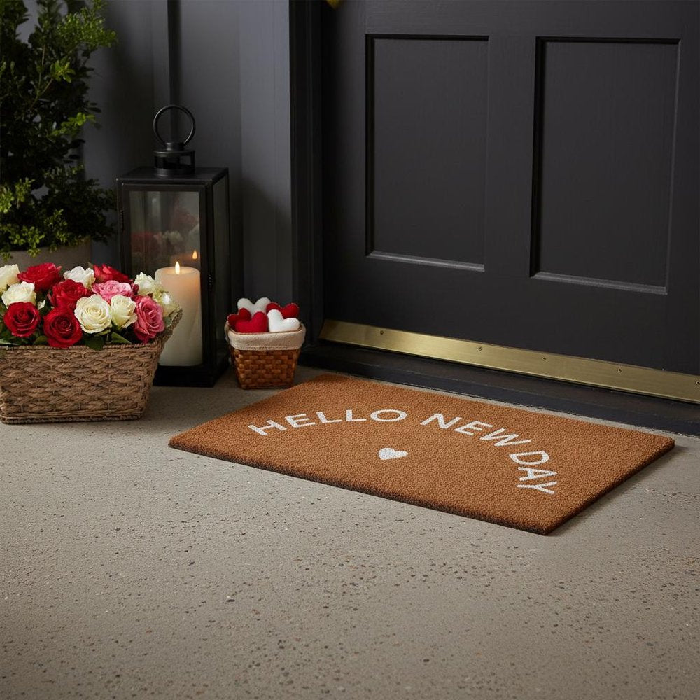 17" X 29" Brown And White Hello New Day Outdoor Coir Door Mat HomeRoots