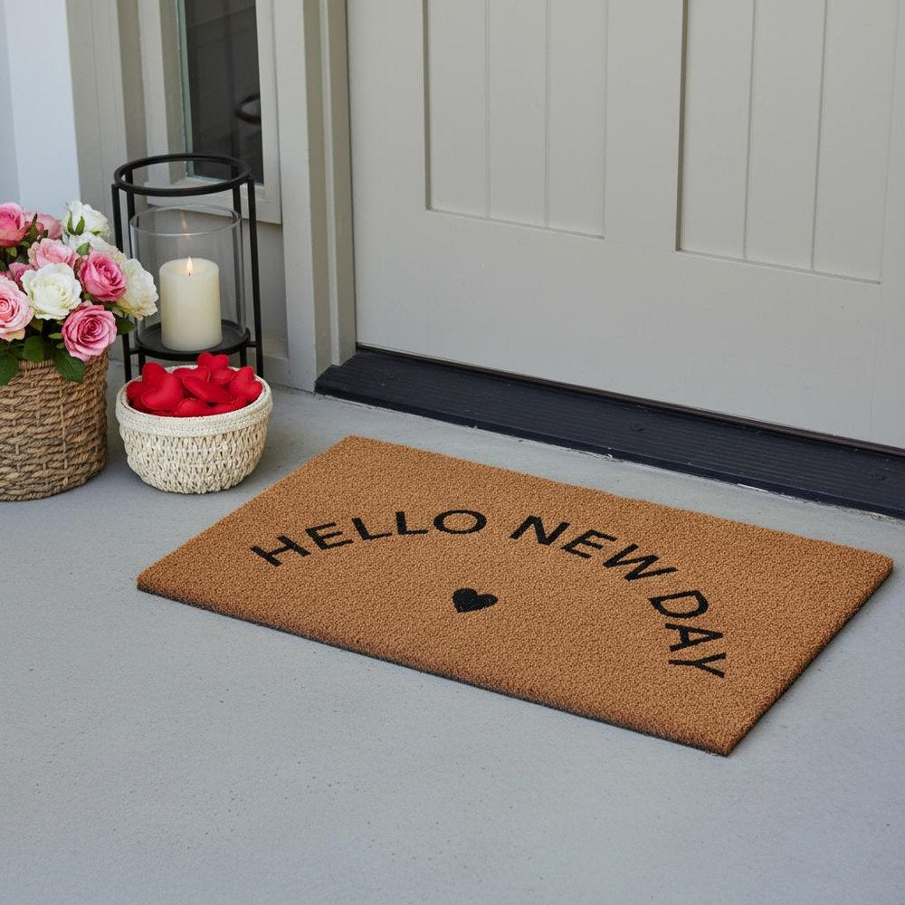 17" X 29" Brown And Black Hello New Day Outdoor Coir Door Mat HomeRoots