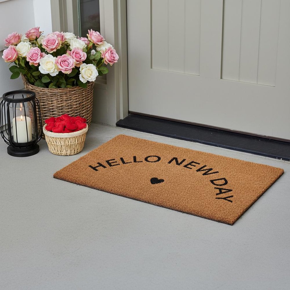 17" X 29" Brown And Black Hello New Day Outdoor Coir Door Mat HomeRoots