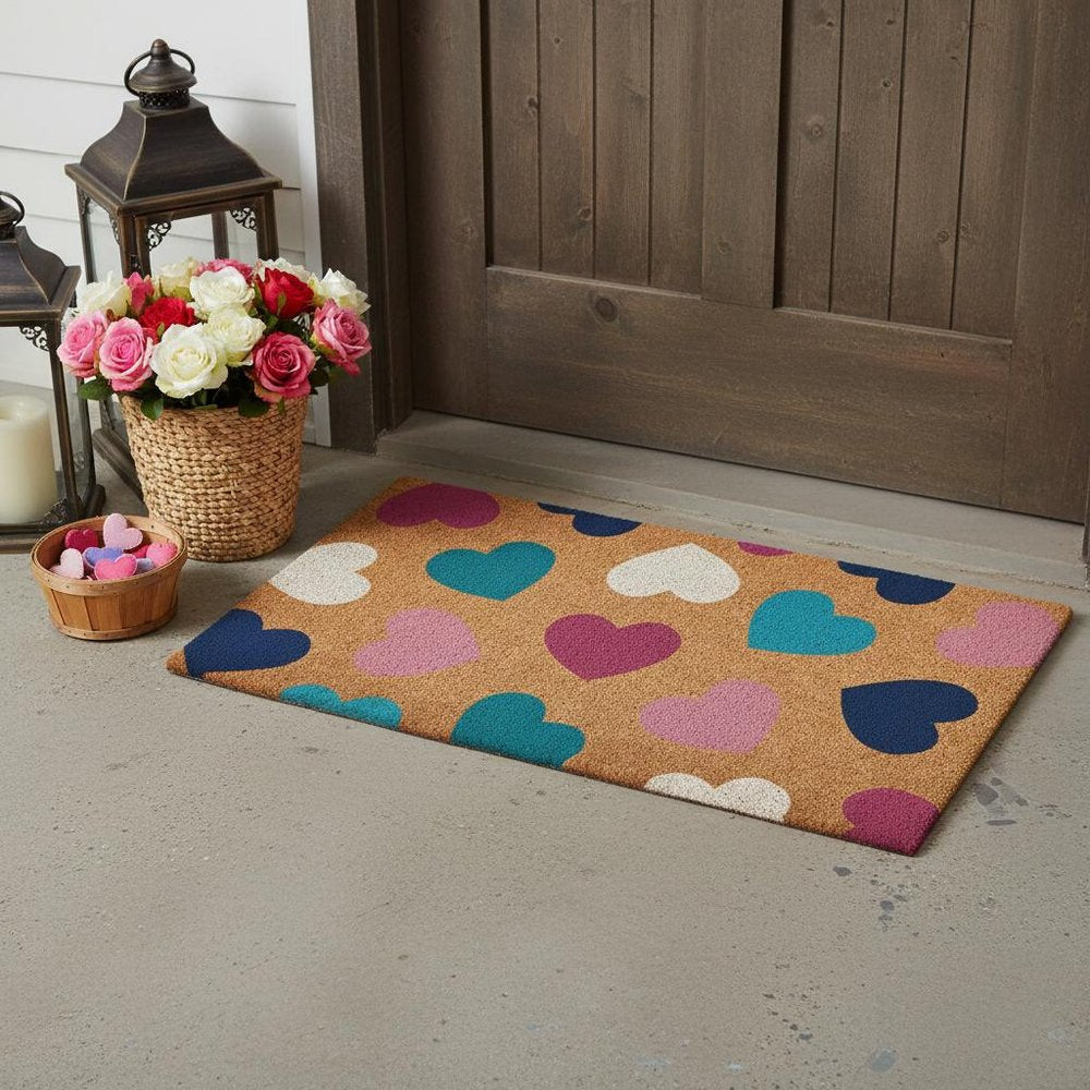 17" X 29" Brown Blue Navy Blue And Light Pink Hearts Outdoor Coir Door Mat — view 1