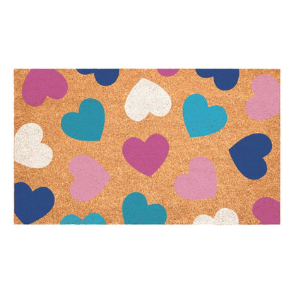17" X 29" Brown Blue Navy Blue And Light Pink Hearts Outdoor Coir Door Mat HomeRoots