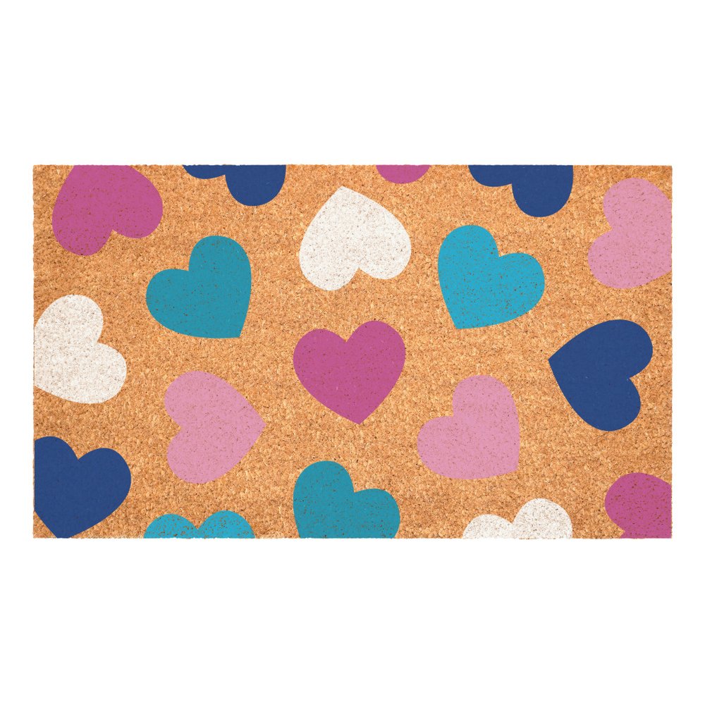17" X 29" Brown Blue Navy Blue And Light Pink Hearts Outdoor Coir Door Mat HomeRoots