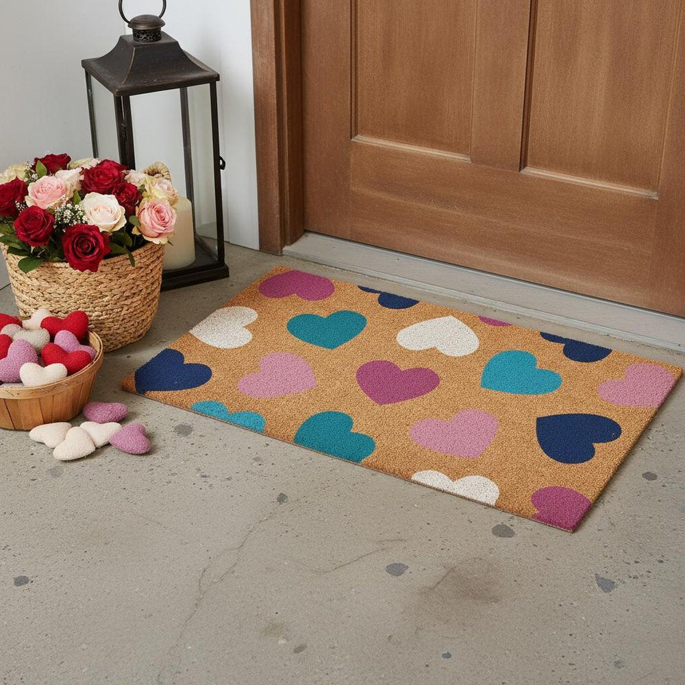 17" X 29" Brown Blue Navy Blue And Light Pink Hearts Outdoor Coir Door Mat HomeRoots