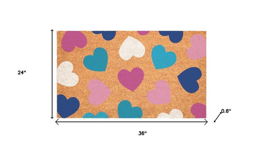 17" X 29" Brown Blue Navy Blue And Light Pink Hearts Outdoor Coir Door Mat HomeRoots