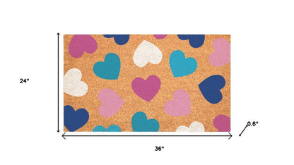 17" X 29" Brown Blue Navy Blue And Light Pink Hearts Outdoor Coir Door Mat HomeRoots
