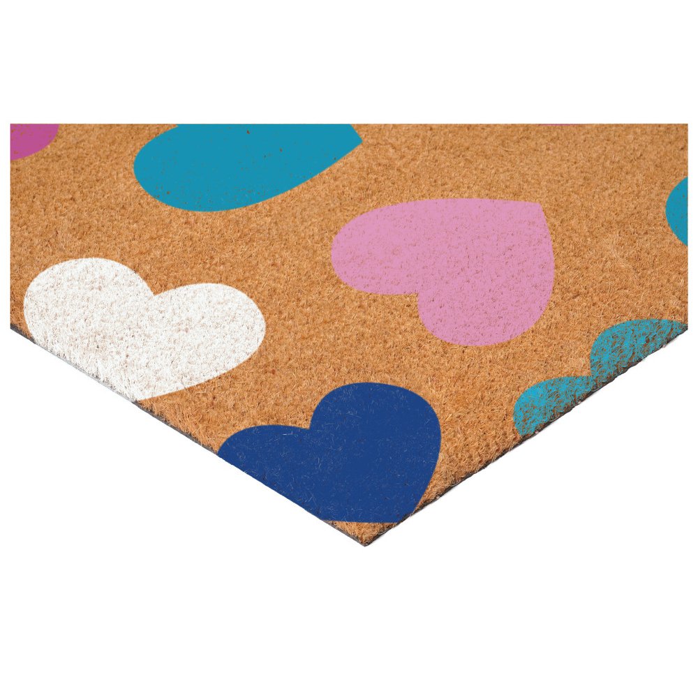 17" X 29" Brown Blue Navy Blue And Light Pink Hearts Outdoor Coir Door Mat HomeRoots