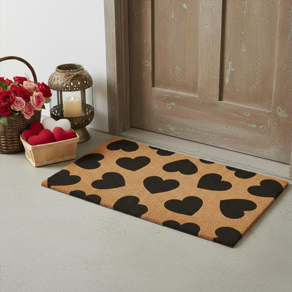17" X 29" Brown And Black Hearts Outdoor Coir Door Mat HomeRoots
