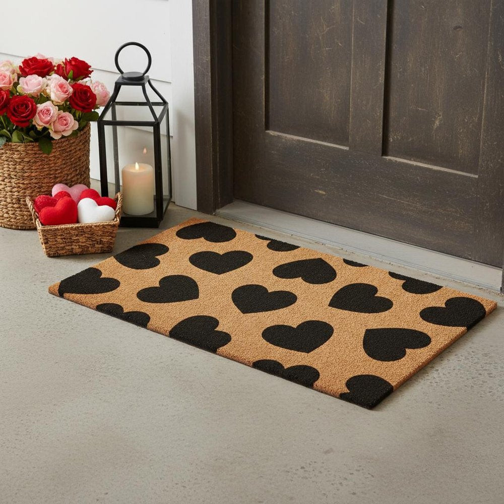 17" X 29" Brown And Black Hearts Outdoor Coir Door Mat HomeRoots