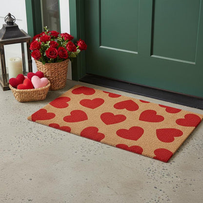 17" X 29" Brown And Red Hearts Outdoor Coir Door Mat HomeRoots