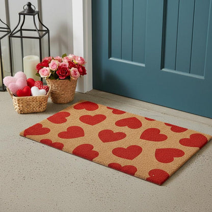 17" X 29" Brown And Red Hearts Outdoor Coir Door Mat HomeRoots