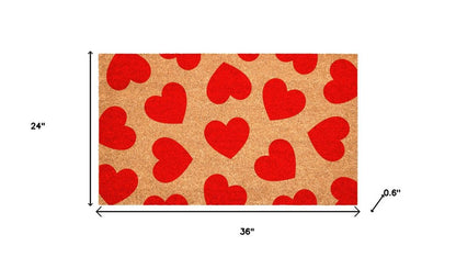 17" X 29" Brown And Red Hearts Outdoor Coir Door Mat HomeRoots