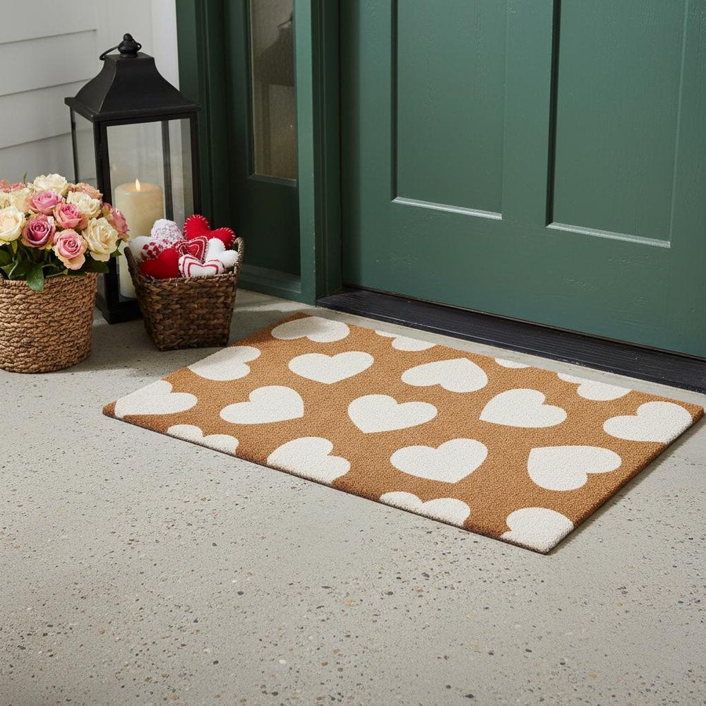 17" X 29" Brown And White Hearts Outdoor Coir Door Mat — view 1