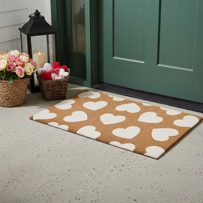 17" X 29" Brown And White Hearts Outdoor Coir Door Mat HomeRoots
