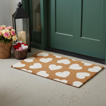 17" X 29" Brown And White Hearts Outdoor Coir Door Mat HomeRoots