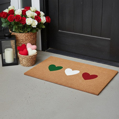 17" X 29" Brown Green White And Red Three Hearts Outdoor Coir Door Mat HomeRoots