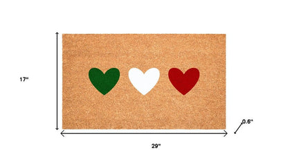 17" X 29" Brown Green White And Red Three Hearts Outdoor Coir Door Mat HomeRoots