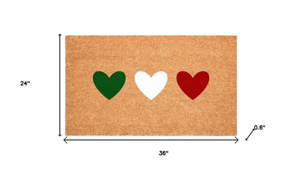 17" X 29" Brown Green White And Red Three Hearts Outdoor Coir Door Mat HomeRoots