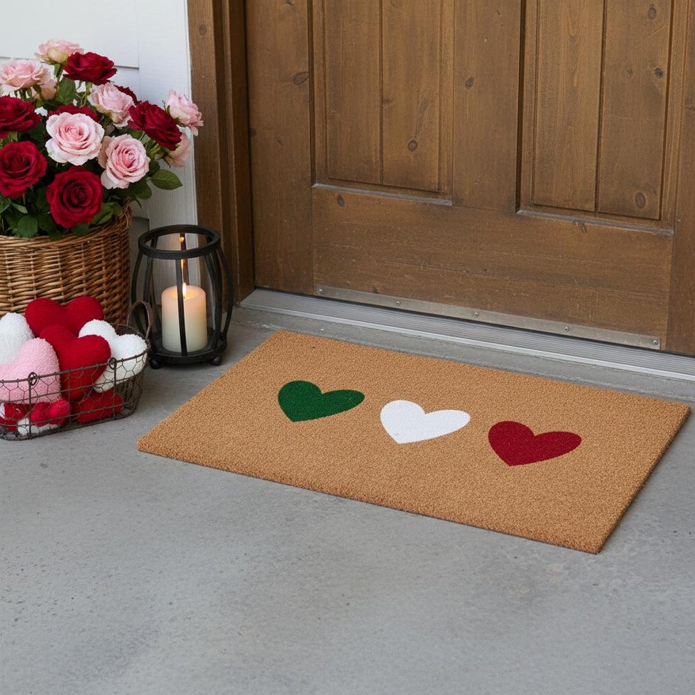 17" X 29" Brown Green White And Red Three Hearts Outdoor Coir Door Mat HomeRoots
