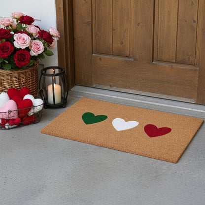 17" X 29" Brown Green White And Red Three Hearts Outdoor Coir Door Mat HomeRoots