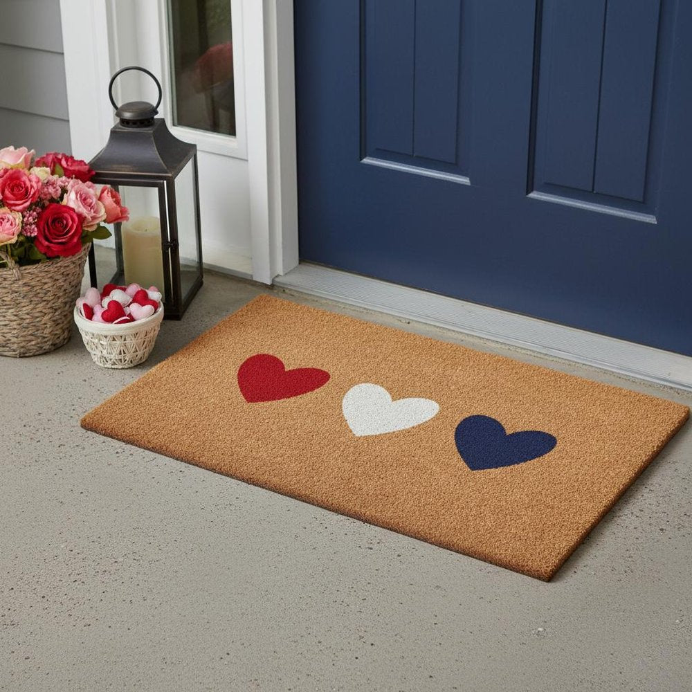 17" X 29" Brown Red White And Blue Three Hearts Outdoor Coir Door Mat HomeRoots