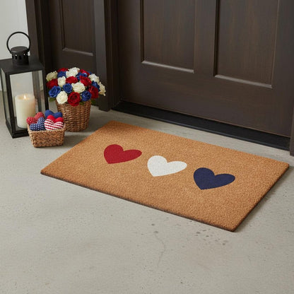 17" X 29" Brown Red White And Blue Three Hearts Outdoor Coir Door Mat HomeRoots