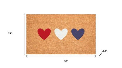 17" X 29" Brown Red White And Blue Three Hearts Outdoor Coir Door Mat HomeRoots