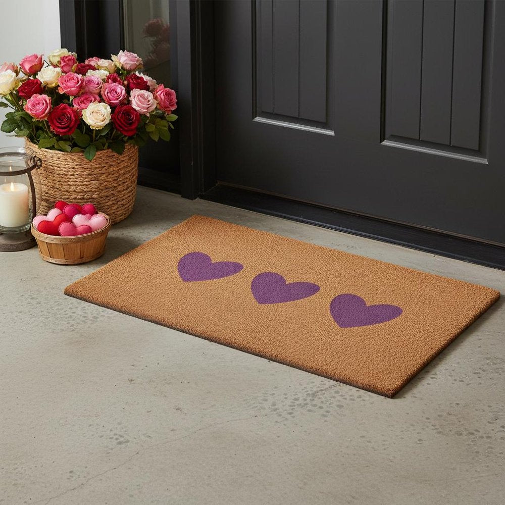 17" X 29" Brown And Pink Three Hearts Outdoor Coir Door Mat HomeRoots