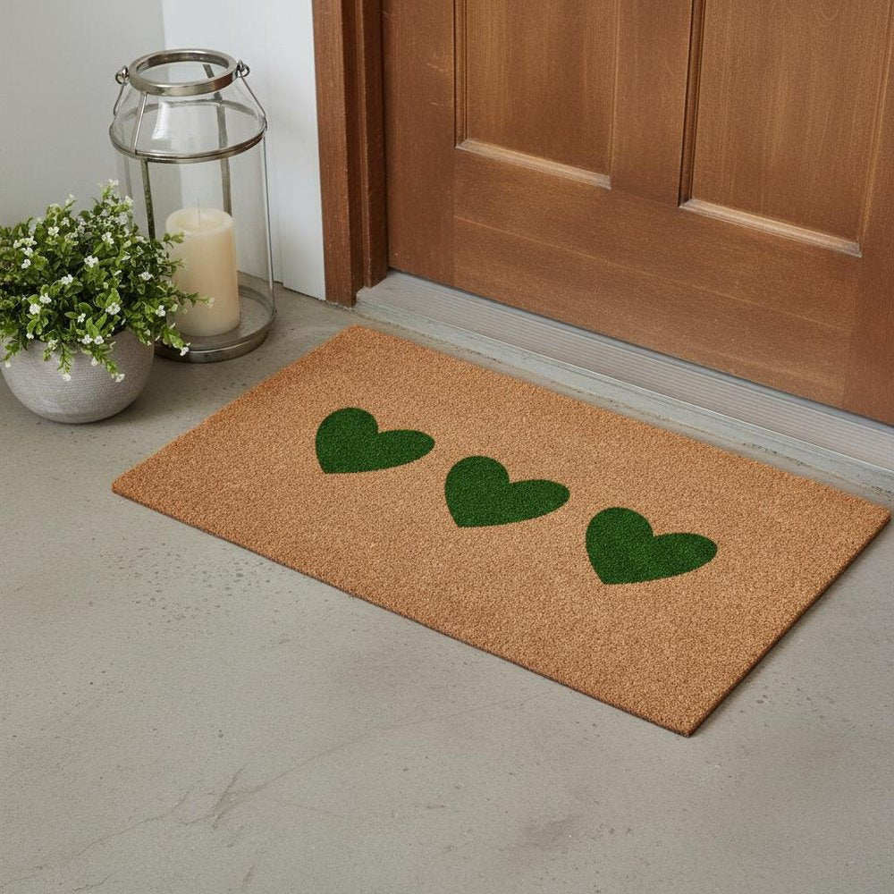 17" X 29" Brown And Green Three Hearts Outdoor Coir Door Mat HomeRoots
