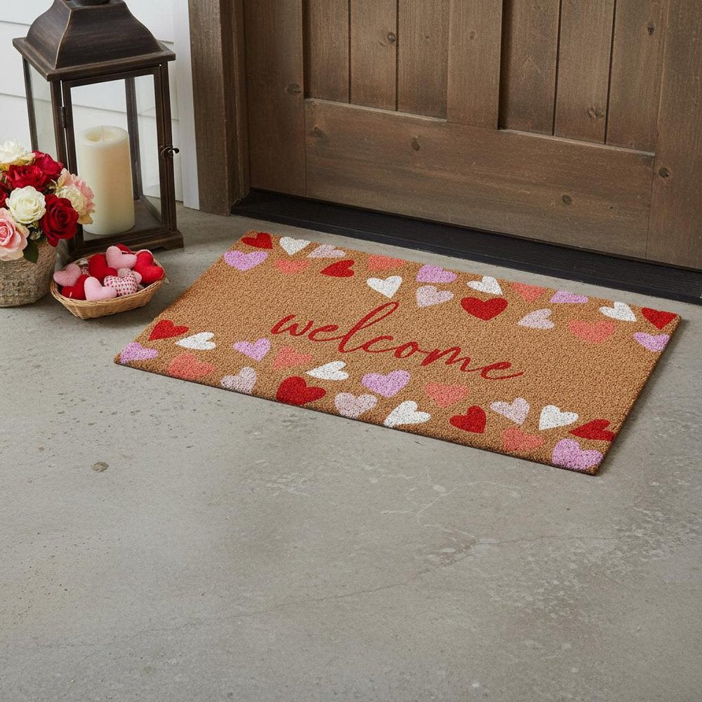 17" X 29" Brown Pink Red And White Hearts Welcome Outdoor Coir Door Mat HomeRoots