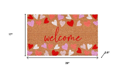 17" X 29" Brown Pink Red And White Hearts Welcome Outdoor Coir Door Mat HomeRoots