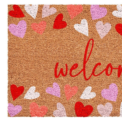 17" X 29" Brown Pink Red And White Hearts Welcome Outdoor Coir Door Mat HomeRoots