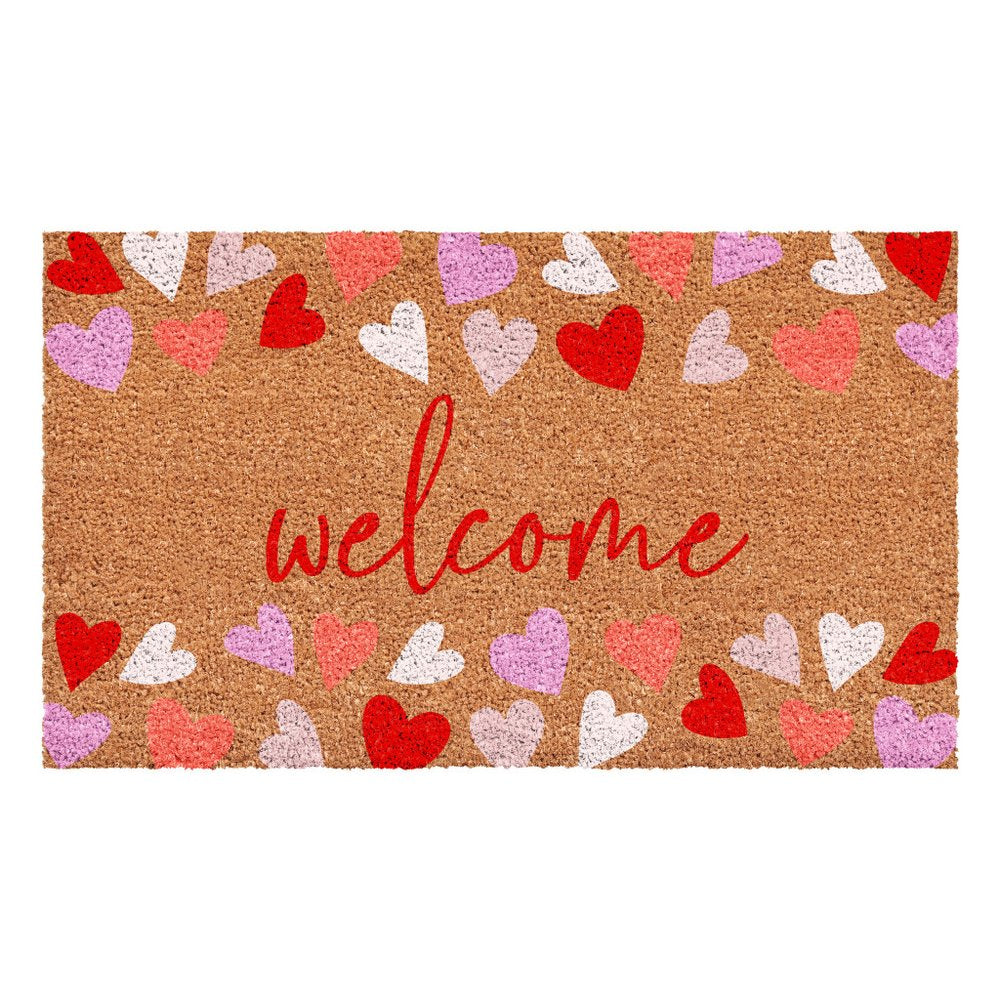 17" X 29" Brown Pink Red And White Hearts Welcome Outdoor Coir Door Mat HomeRoots