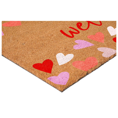 17" X 29" Brown Pink Red And White Hearts Welcome Outdoor Coir Door Mat HomeRoots