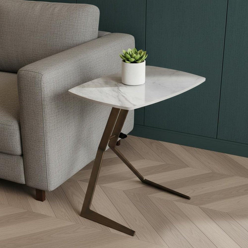 24" White And Bronze Ceramic Faux Marble and Steel End Table — view 1