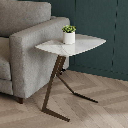 24" White And Bronze Ceramic Faux Marble and Steel End Table HomeRoots