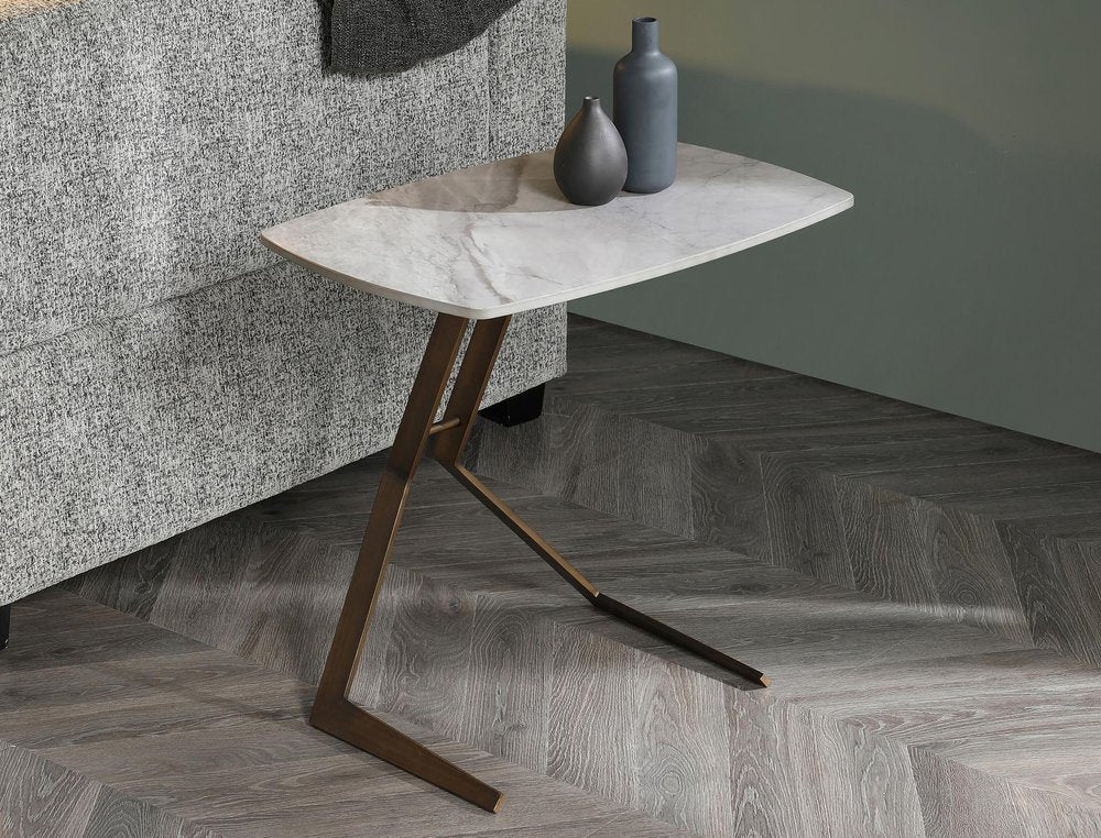24" White And Bronze Ceramic Faux Marble and Steel End Table HomeRoots