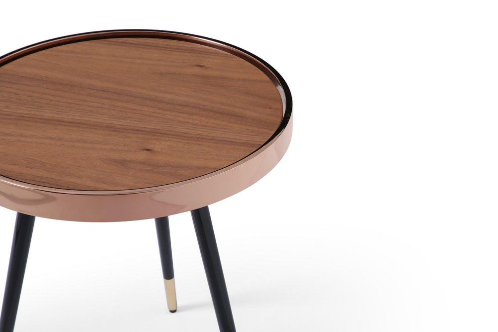 24" Walnut Black And Rose Gold Wood and Stainless Steel Round End Table — view 3