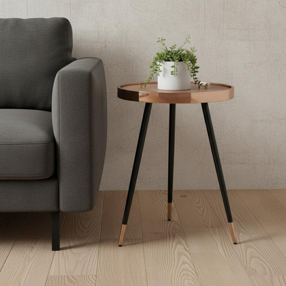 24" Walnut Black And Rose Gold Wood and Stainless Steel Round End Table — view 1