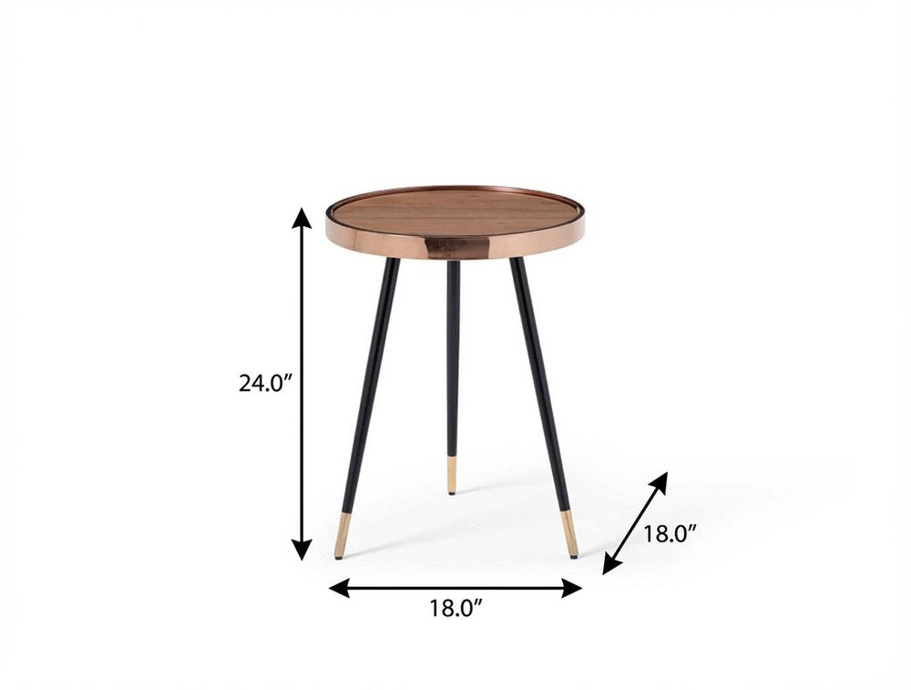 24" Walnut Black And Rose Gold Wood and Stainless Steel Round End Table HomeRoots