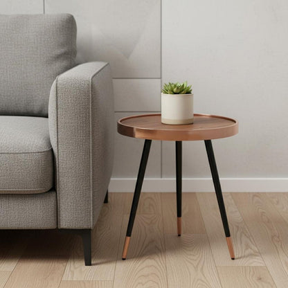 24" Walnut Black And Rose Gold Wood and Stainless Steel Round End Table HomeRoots