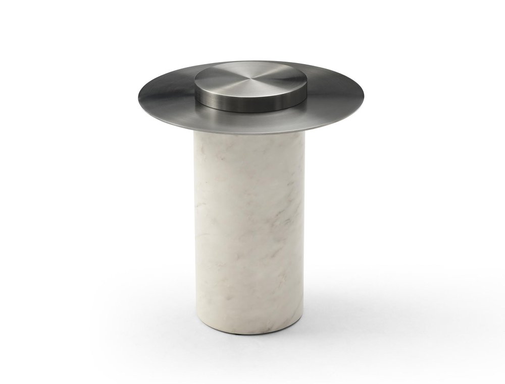 22" Gunmetal and White Stainless Steel and Faux Marble Round Pedestal End Table — view 1