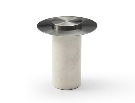 22" Gunmetal and White Stainless Steel and Faux Marble Round Pedestal End Table