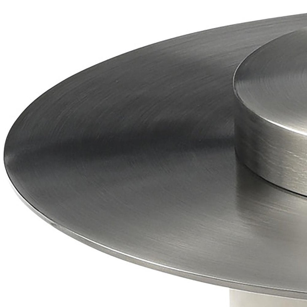 22" Gunmetal and White Stainless Steel and Faux Marble Round Pedestal End Table — view 3